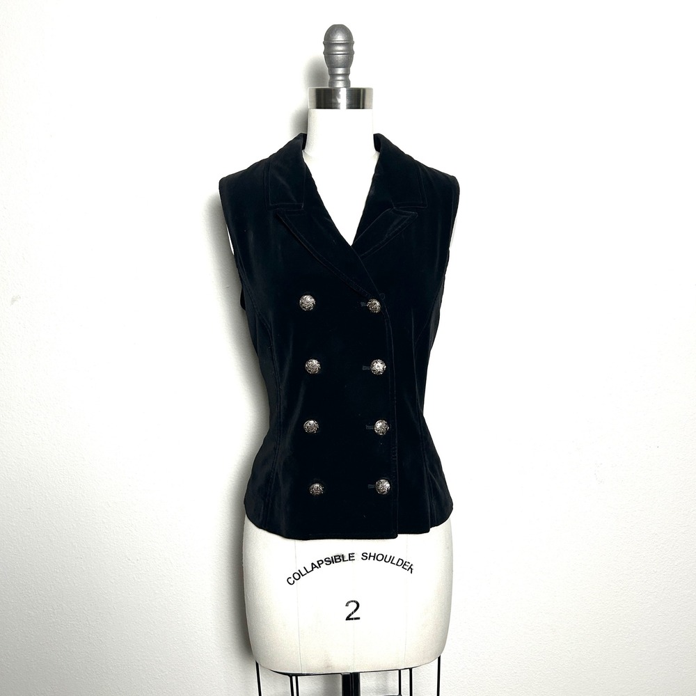 Casual Corner Black Cotton Velvet Double Breasted Gothic Vest Women Sz 6 Vintage